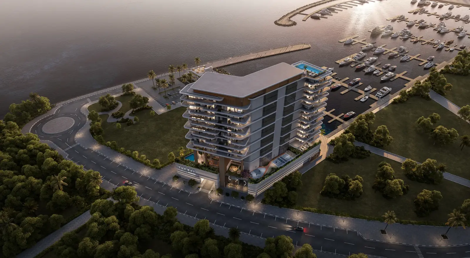 The Bay Interiors by Missoni at dusk between the city and the yacht marina