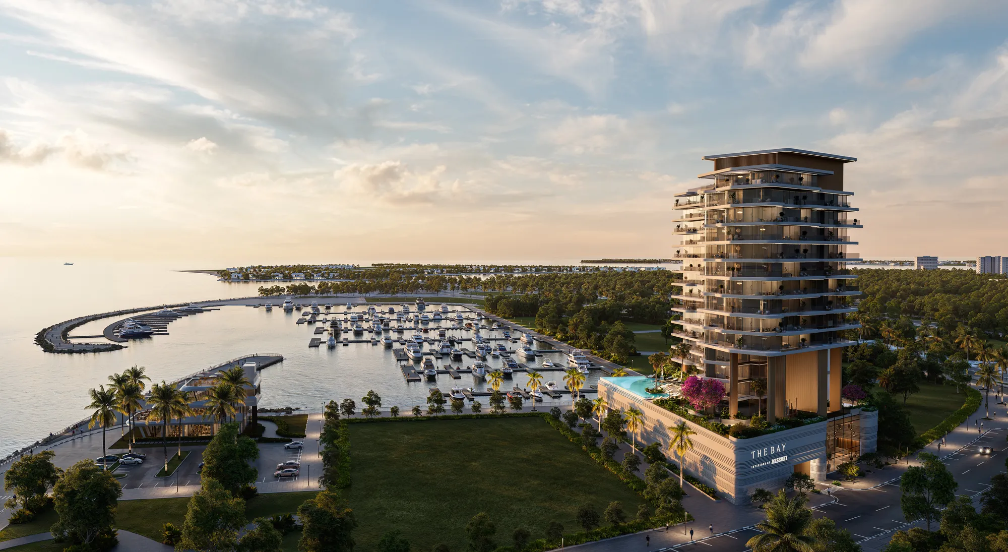 The Bay Interiors by Missoni facade above the Island A yacht marina