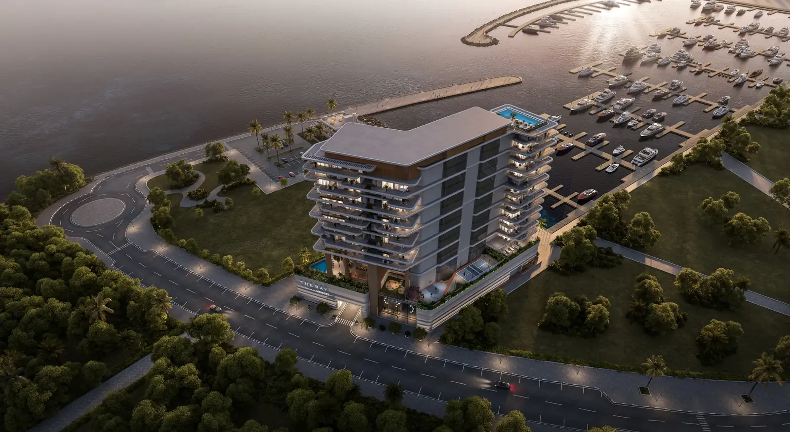 Marina-front facade at dusk