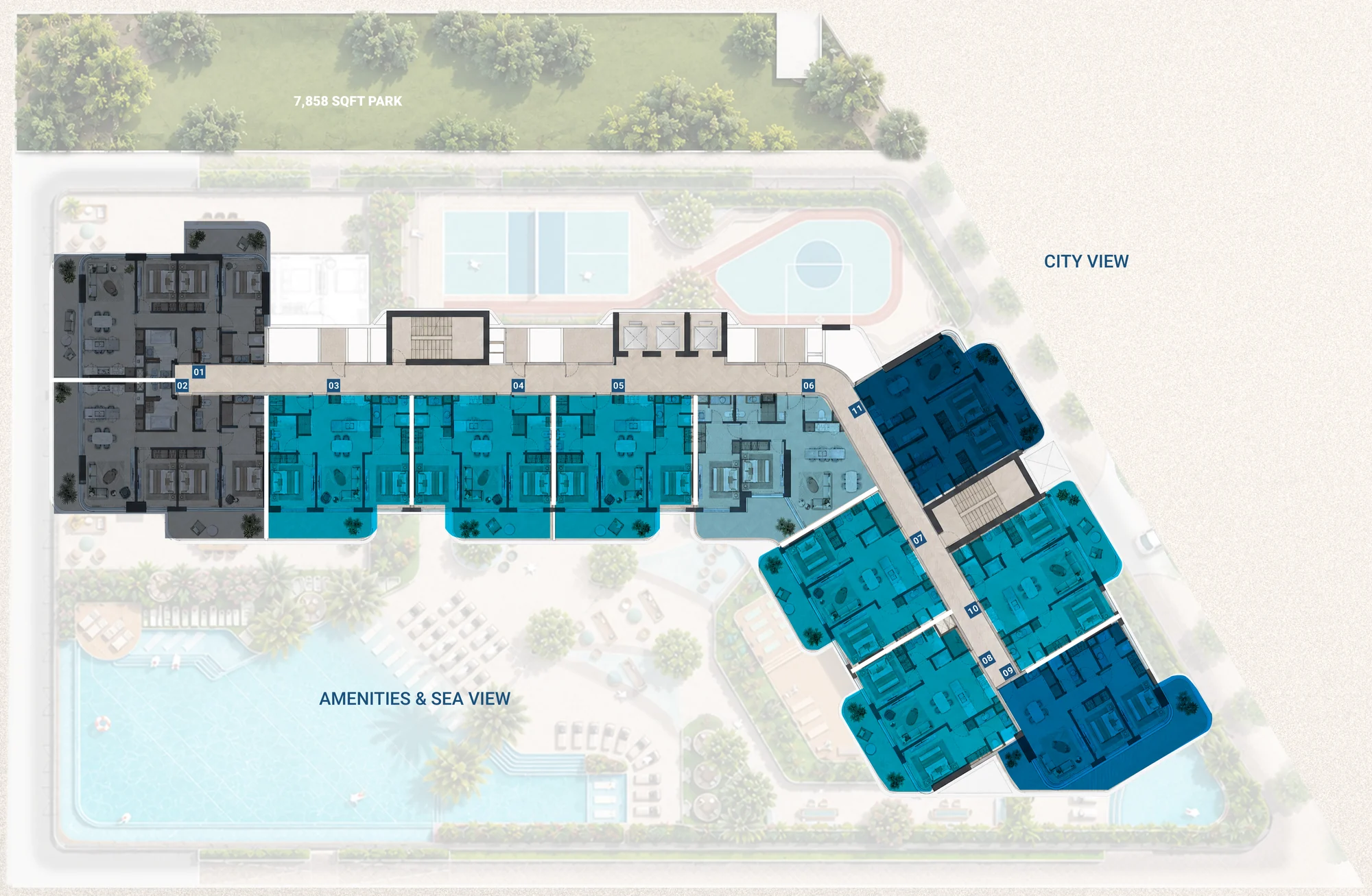 Typical floor plan, 5th to 13th floor, colour-coded by unit type