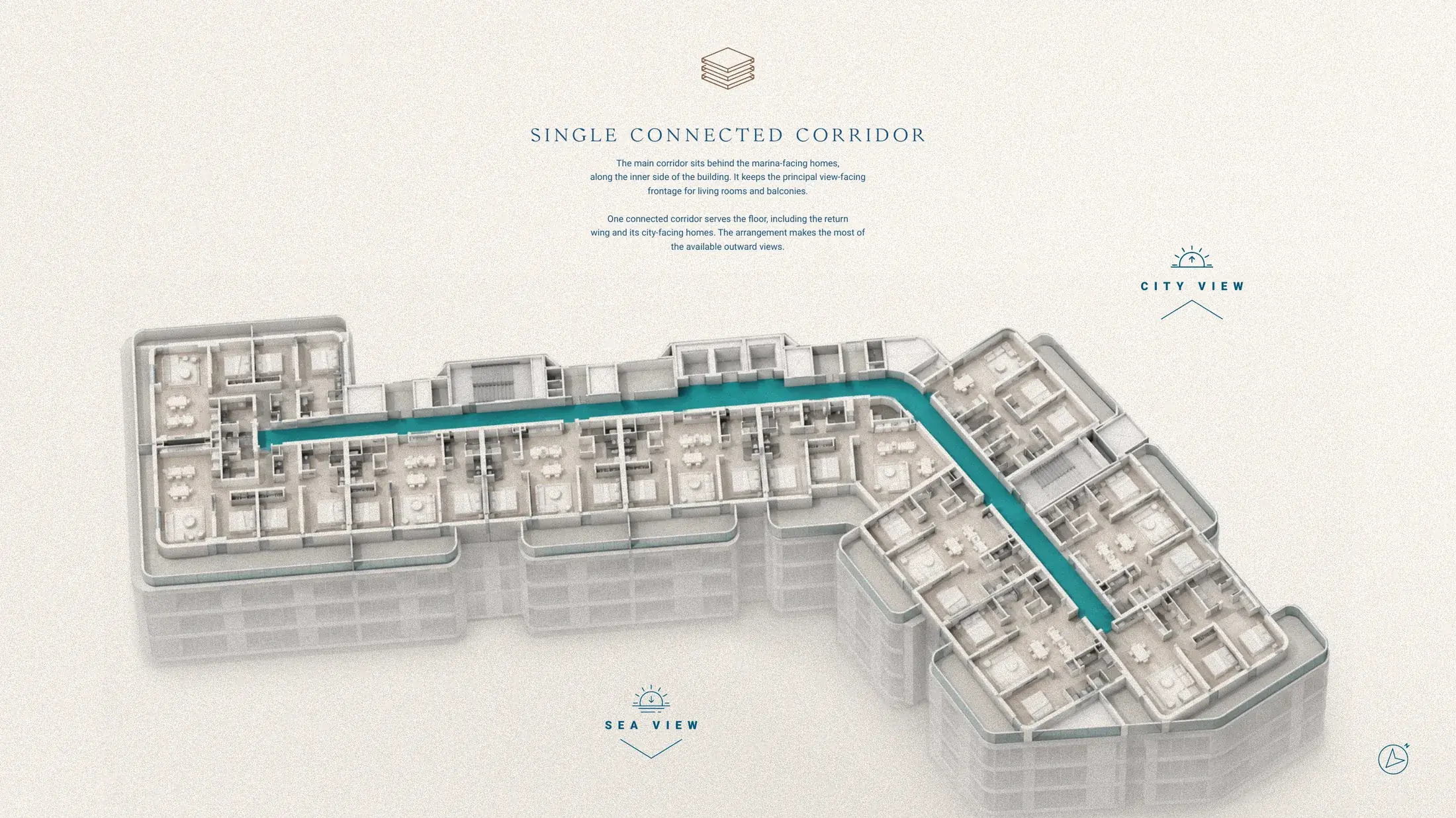 Single connected corridor on a typical floor of The Bay Interiors by Missoni, with sea-view and city-view homes either side