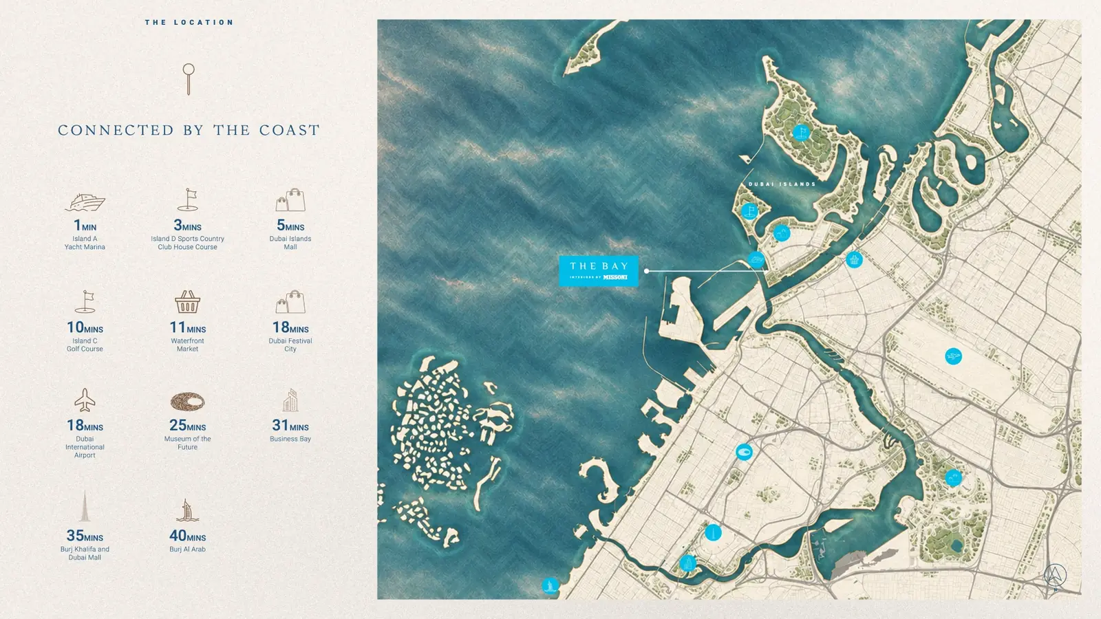 Location and connectivity of The Bay Interiors by Missoni on Dubai Islands